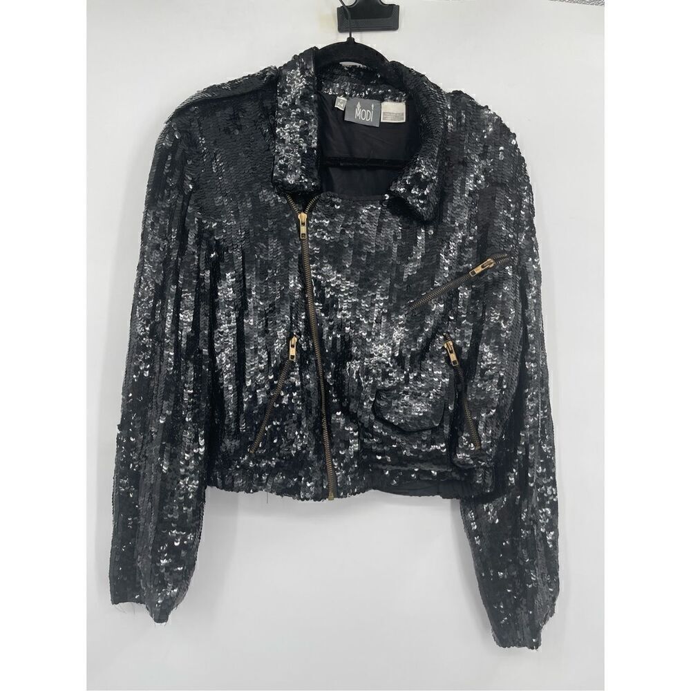 Modi Black Long Sleeve Pure Silk Lined Sequin Zip Jacket Size 2-4